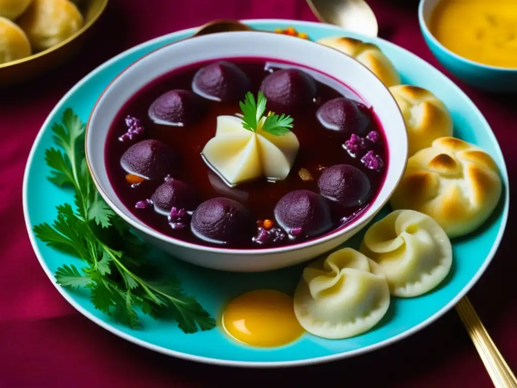 Plato con detalles de borscht, pelmeni y piroshki, destacando colores vibrantes y texturas