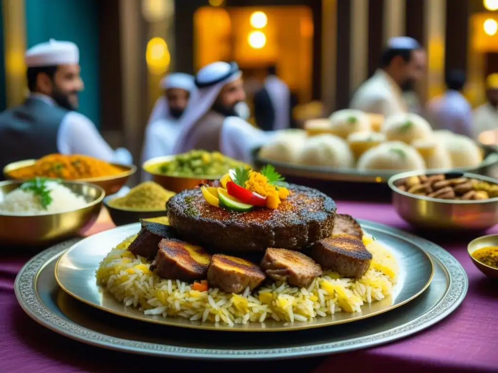Plato dorado con platillos tradicionales emiratíes en mercado de especias en Dubái