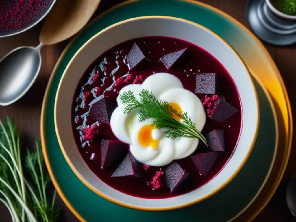 Plato emblemático de Europa del Este durante la Guerra Fría: un vibrante bowl de borscht con crema agria y eneldo fresco