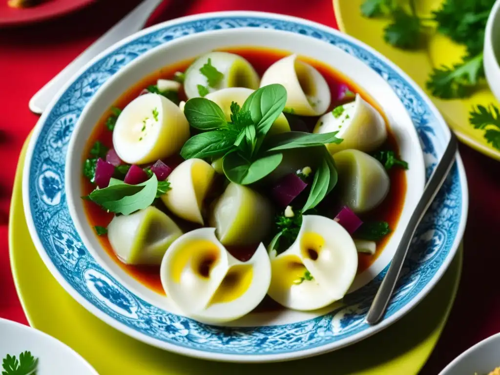 Plato con borscht, pelmeni y ensalada Olivier, muestra la vibrante gastronomía soviética influenciada por política