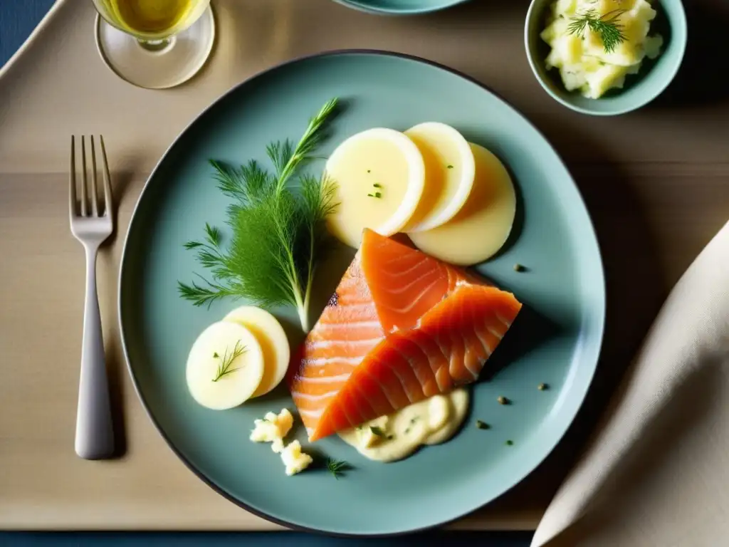 Un plato escandinavo tradicional lagom: salmón ahumado, puré de papas con eneldo, vegetales encurtidos y eneldo fresco