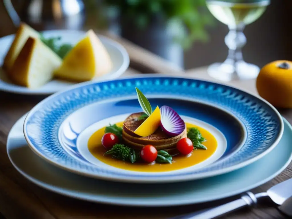 Plato gourmet francés en entorno campestre: fusión culinaria innovadora Plato exquisito en entorno campestre francés, fusionando técnicas tradicionales con ingredientes innovadores postrevolución