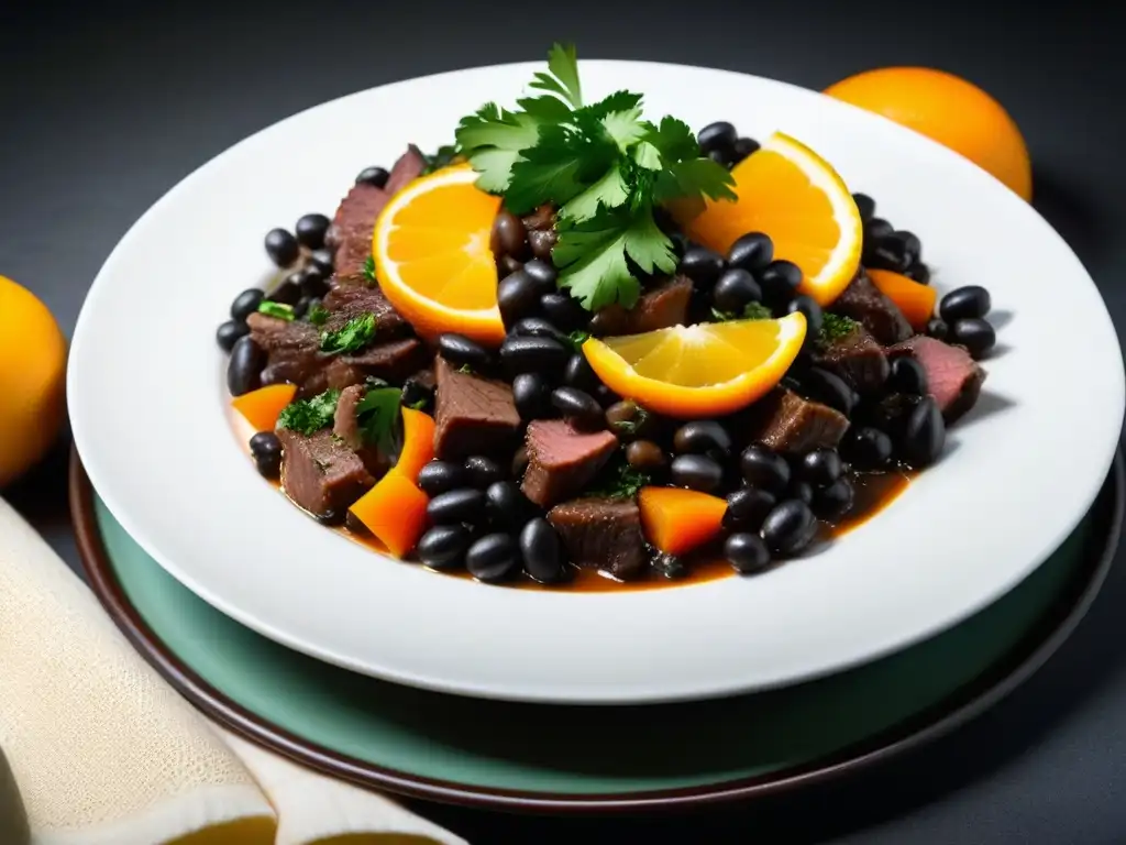 Sabores de Brasil: Detalle vibrante de feijoada enriquecida Un plato de feijoada brasileña vibrante y colorido, con influencia africana en cocina americana, detallado y apetitoso