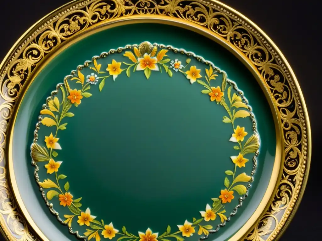 Plato francés posrevolucionario: detalle y elegancia Un plato francés postrevolucionario: exquisito diseño floral y bordes dorados, reflejando el impacto gastronómico de la Revolución Francesa