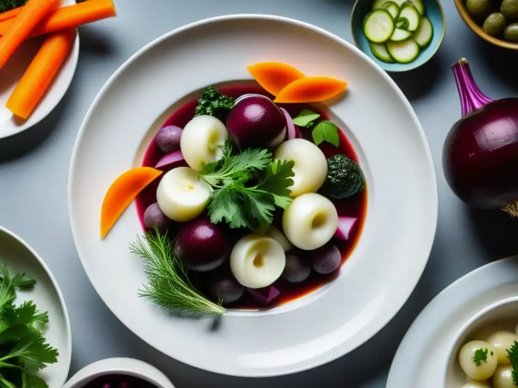 Plato de gastronomía soviética influenciada por política: borscht, pelmeni y vinegret en un plato blanco