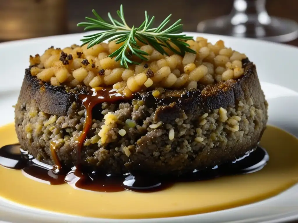 Un plato de haggis escocés bellamente decorado con ingredientes tradicionales, resaltando la historia gastronomía escocesa en América