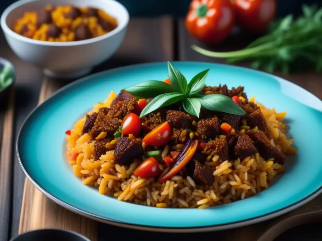 Un plato de Jollof rice africano con influencia colonial, colorido y vibrante, una deliciosa fusión cultural