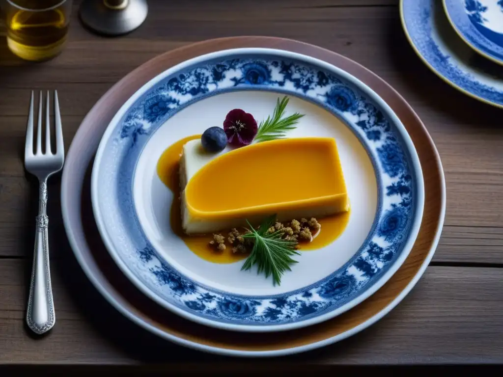 Un plato inspirado en recetas históricas europeas Revolución Industrial, con detalles y colores, sobre una mesa de madera rústica