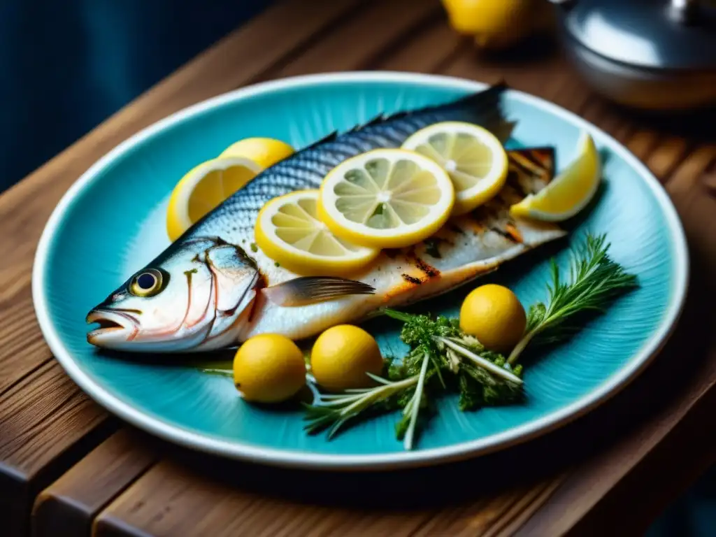 Plato medieval de pescado a la parrilla con hierbas y limón en mesa rústica