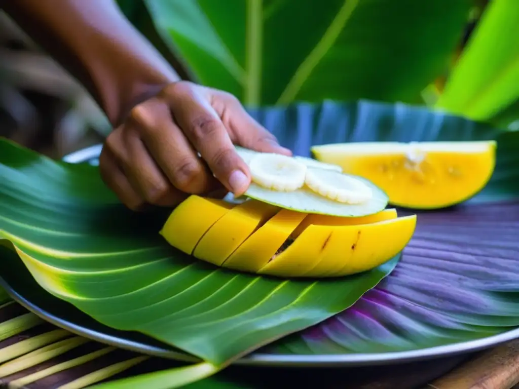 Plato micronesio tradicional cocinado con ingredientes coloridos en hoja de plátano, evocando la cocina micronesia recetas históricas