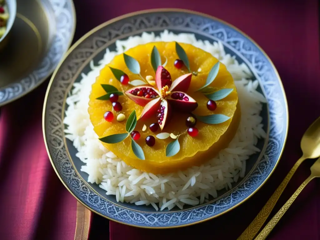 Un plato Mughal exquisitamente adornado con azafrán, oro comestible y granada sobre arroz basmati, en vajilla tradicional