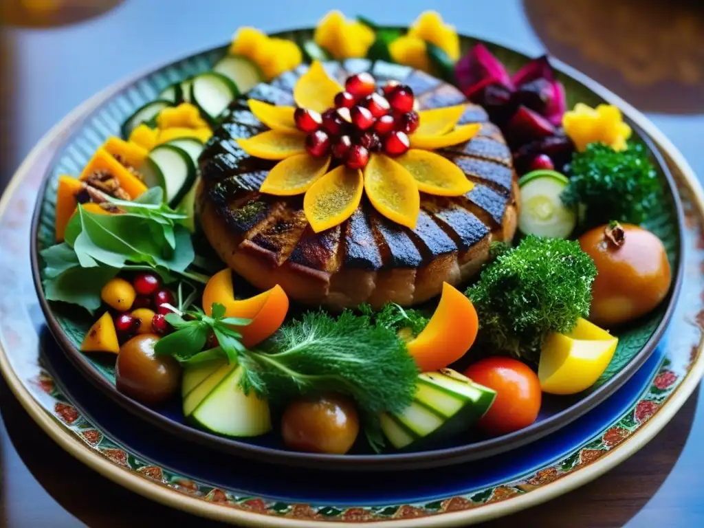 Plato otomano colorido y detallado con capas de verduras, carnes a la parrilla y especias, decorado con hierbas frescas y semillas de granada