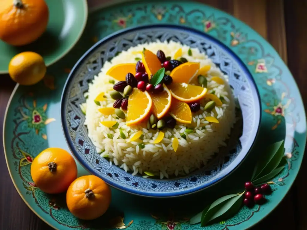 Plato persa de arroz con azafrán, pistachos y naranja en vajilla decorada