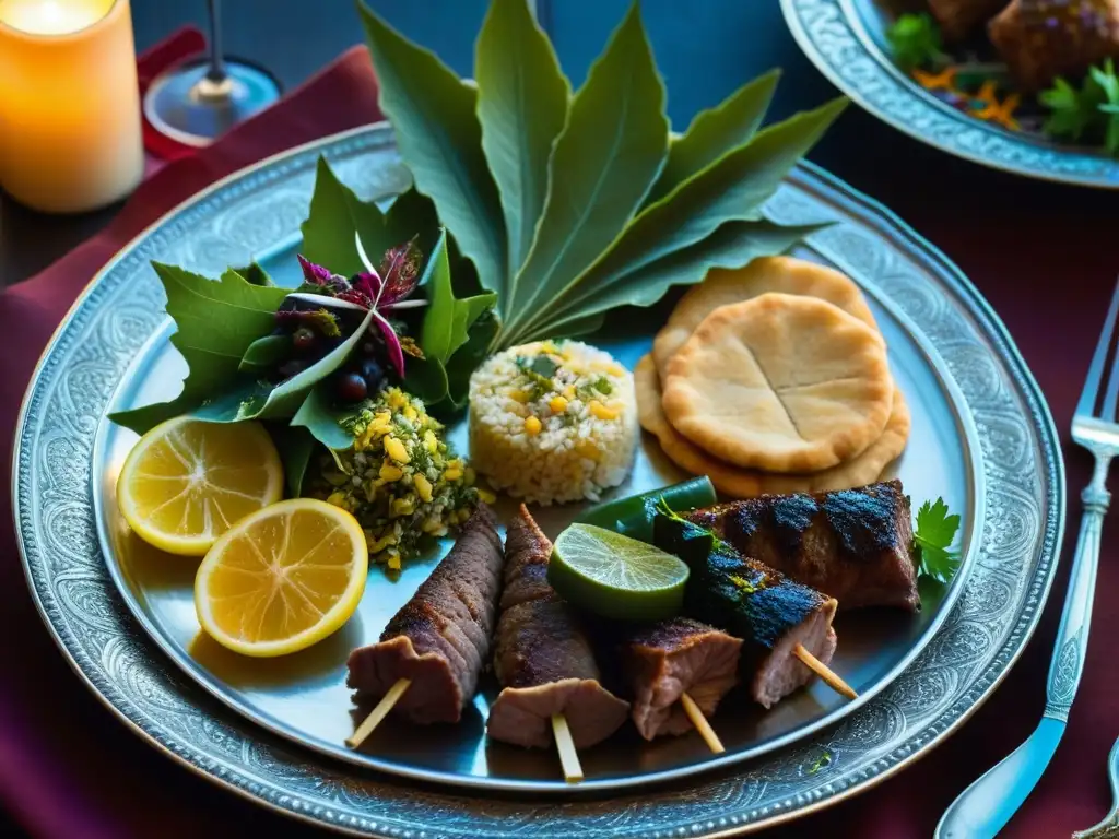 Plato de plata con delicias del Imperio Otomano: cordero, pilaf, baklava y hojas de parra