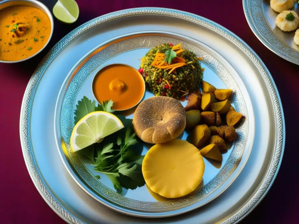 Un plato de plata Mughal rebosante de coloridos manjares de la India, fusionando historia y sabor