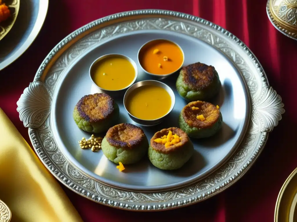 Un plato plateado repleto de exquisitas delicias mughal, decorado con azafrán y hojas de oro, sobre arquitectura opulenta