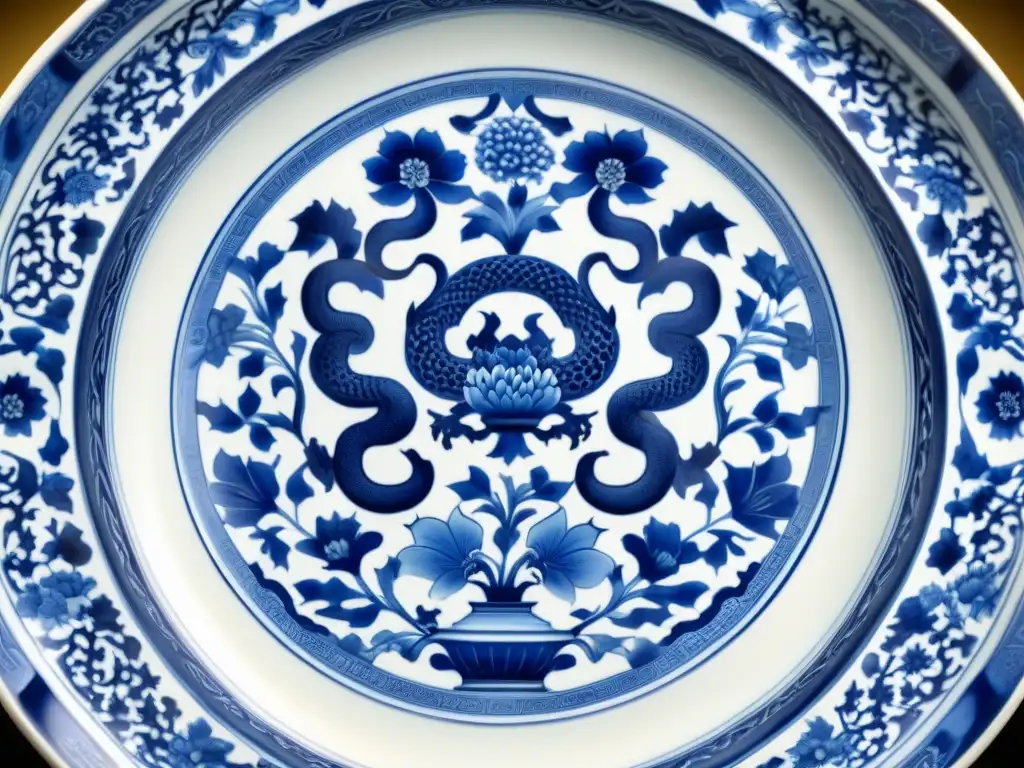 Plato de porcelana china con diseño azul y blanco detallado, reflejando el intercambio de vajillas culturales en la Ruta de la Seda