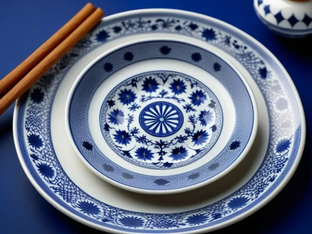 Plato de porcelana con patrones azules y blancos, rodeado de especias exóticas