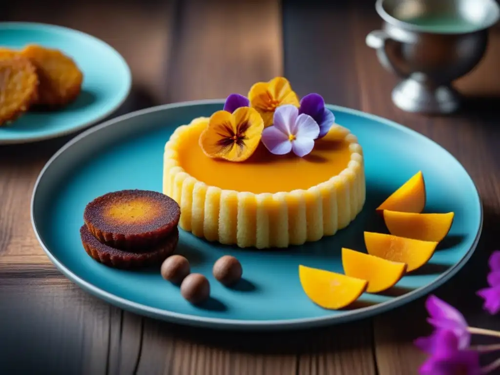 Plato de postres AfroCaribeños decorados con influencia cultural africana en una mesa de madera rústica