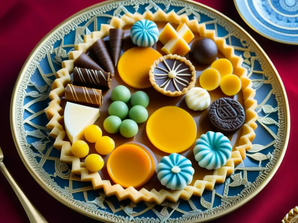 Plato de postres históricos cruzadas culturas: delicias decoradas con detalles exquisitos y colores vibrantes