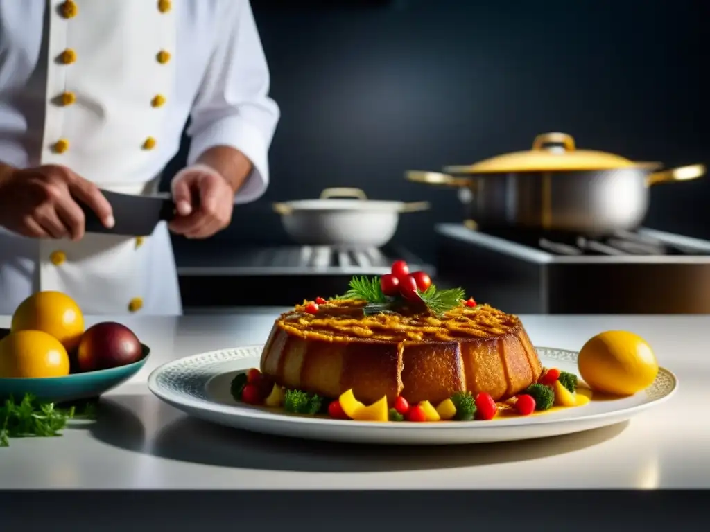 Un plato real portugués se prepara meticulosamente en una cocina moderna, fusionando técnicas tradicionales y contemporáneas