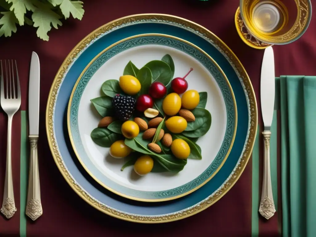 Plato renacentista detallado con alimentos coloridos para potenciar la mente, en mesa elegante