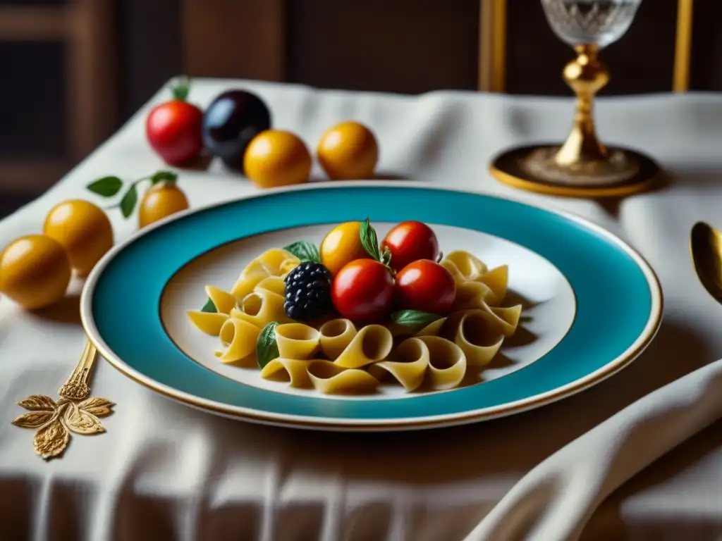 Un plato renacentista de porcelana muestra detallados patrones pintados a mano de escenas culinarias italianas, en colores vibrantes