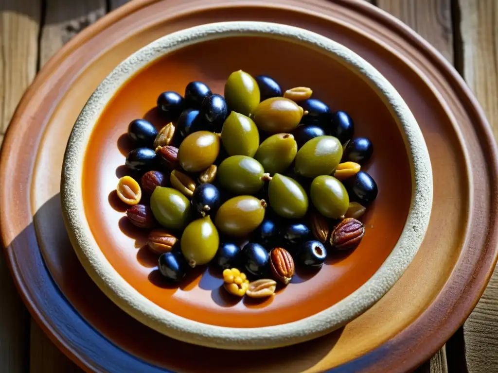 Un plato romano tradicional con olivas, higos, dátiles y granos en plato de terracota, destaca colores y texturas