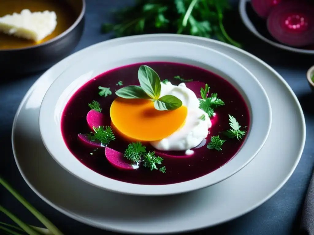 Un plato de sopa borsch rusa contemporánea: tradición y modernidad fusionadas en una presentación vibrante y elegante