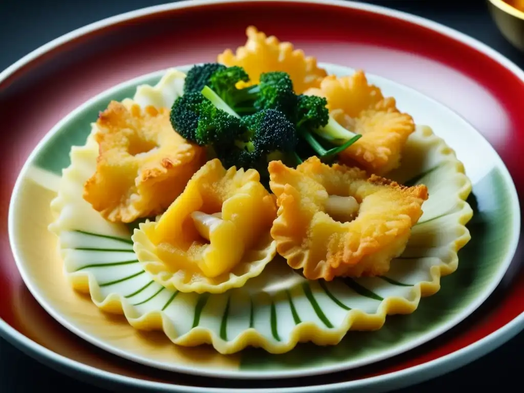 Un plato de tempura de la era Kamakura, mostrando la fritura dorada y los ingredientes frescos