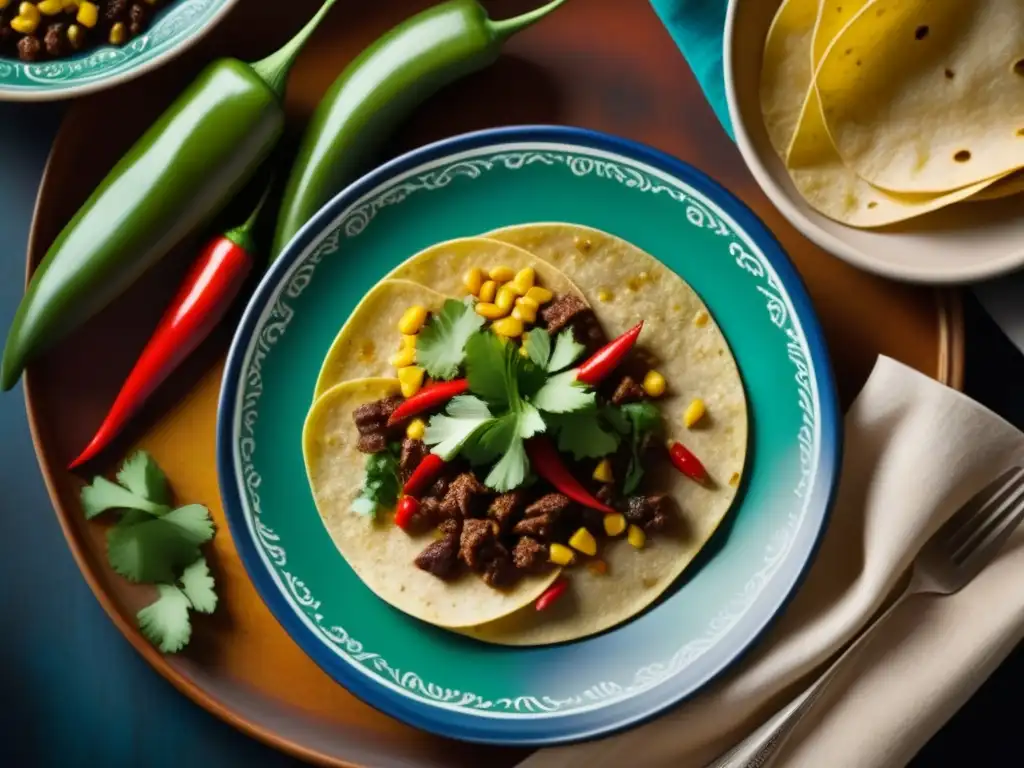 Un plato TexMex del siglo XIX con ingredientes vibrantes y texturas intrincadas, evocando la historia culinaria