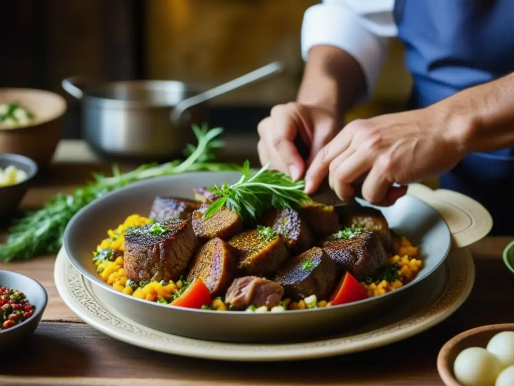 Un plato tradicional armenio/turco se prepara con detalle en una cocina rústica, evocando recetas históricas cultura turca