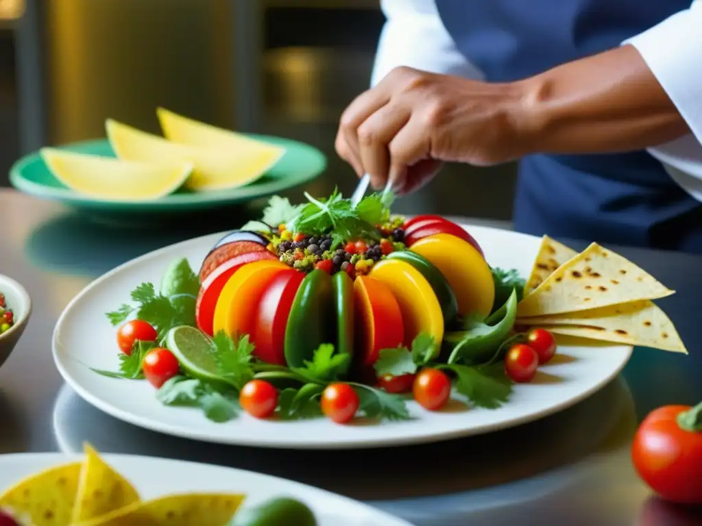 Un plato tradicional hispanoamericano, colorido y detallado, es presentado con maestría