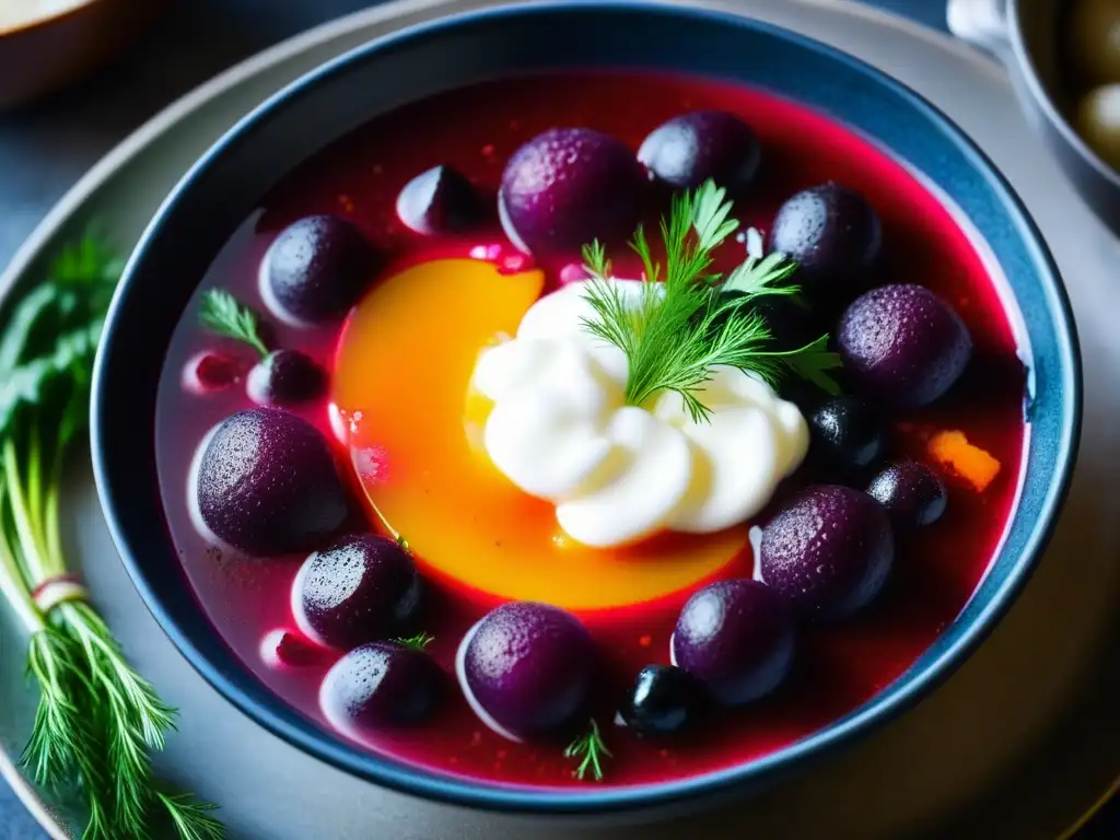 Un plato de borscht tradicional ruso, con colores vibrantes y condensación