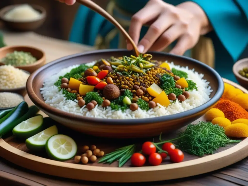 Un plato tradicional saheliano se prepara con cuidado en una imagen detallada, mostrando la historia cultural de la cocina saheliana