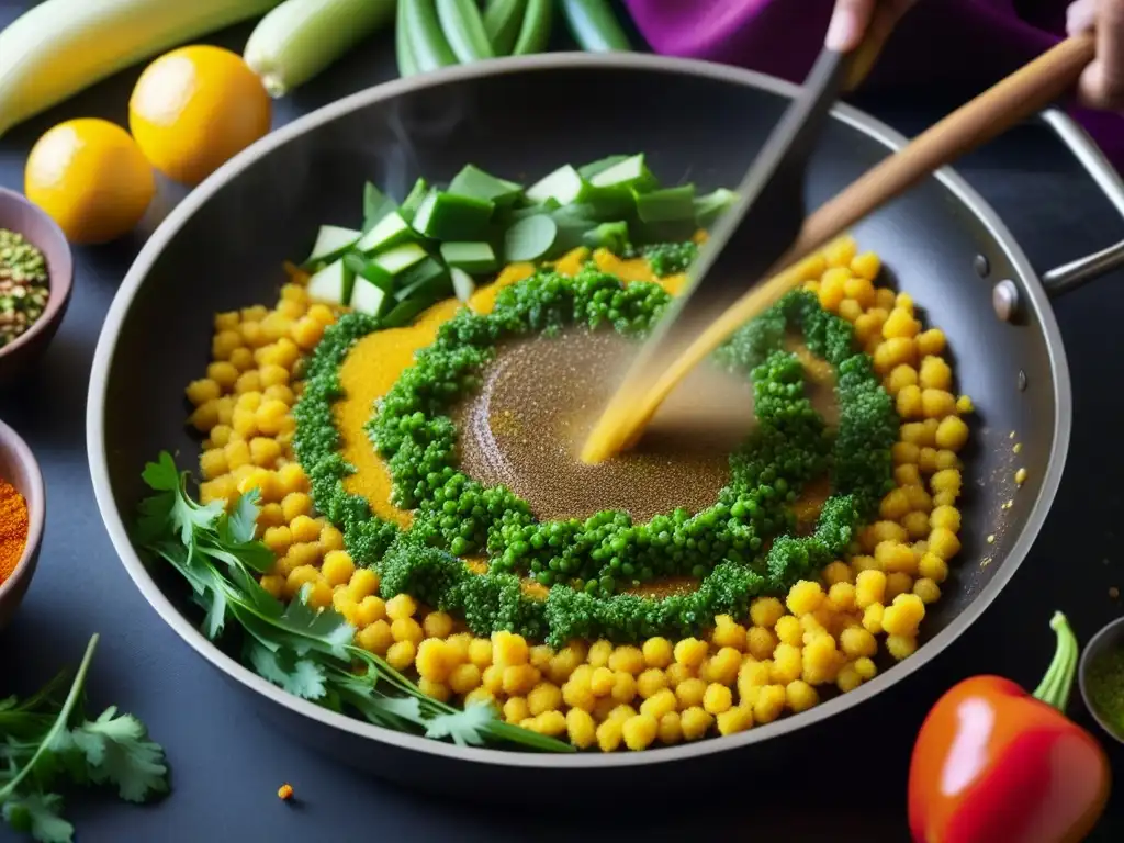 Un plato tradicional de Sankranti se prepara con exquisitas especias en un sartén, destacando colores y texturas