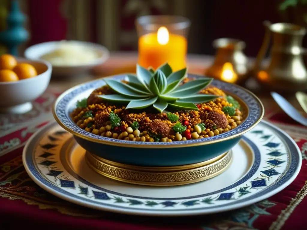 Un plato turco tradicional del Imperio Otomano, con especias y decoraciones detalladas, en una mesa vintage