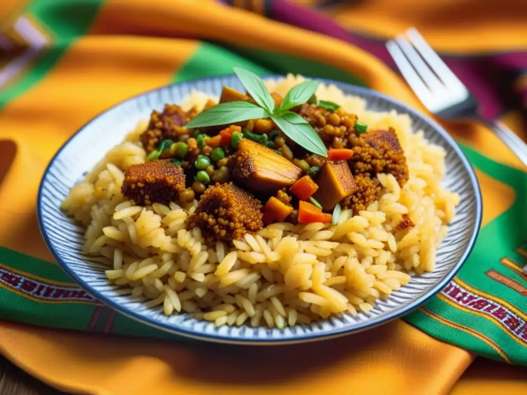 Un plato vibrante de arroz Jollof africano con pollo, verduras y especias