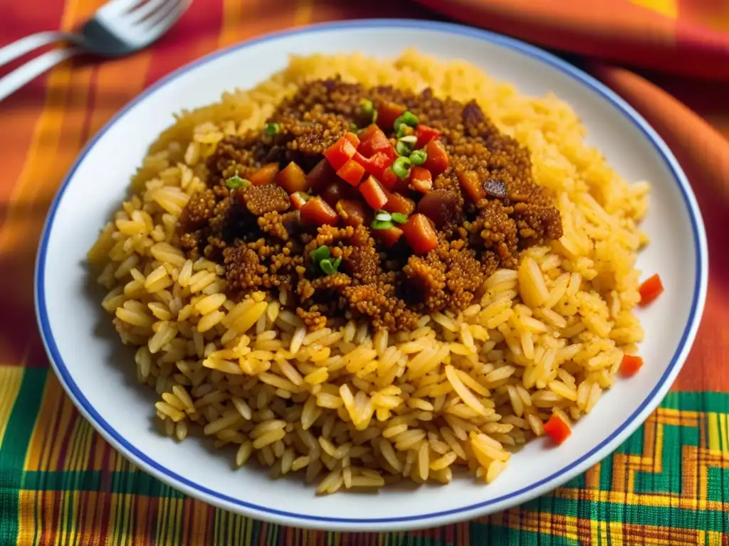 Un plato vibrante de arroz jollof sobre un mantel africano, con ingredientes coloridos