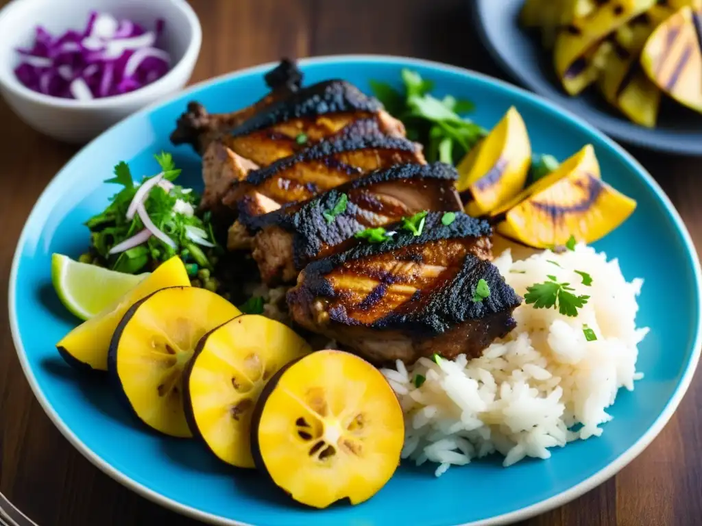 Plato vibrante de jerk chicken con guarniciones tradicionales representando el legado culinario caribeño en América