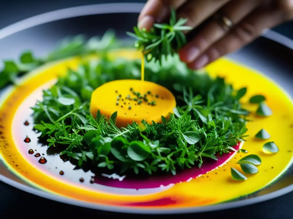 Un plato vibrante y colorido siendo preparado meticulosamente por un chef experto