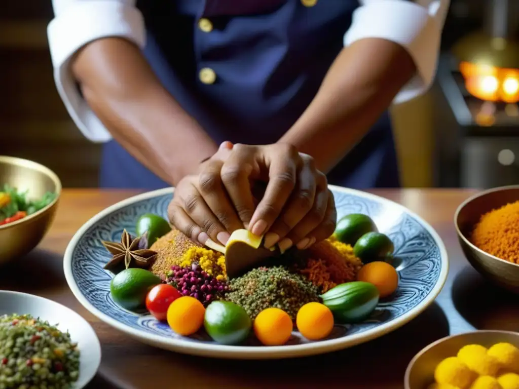 Un plato vibrante y detallado se prepara en una cocina tradicional, resaltando la fusión cultural de especias