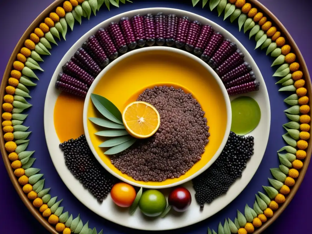 Un plato vibrante y detallado con ingredientes exóticos del Imperio Inca