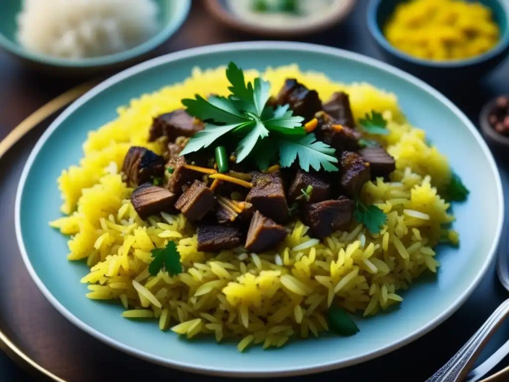 Un plato vibrante de arroz pilau con especias coloridas y cordero, mostrando la influencia colonial en gastronomía africana