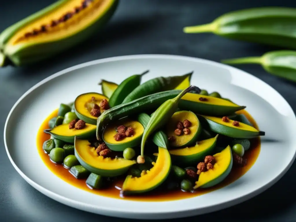 Un plato vibrante con una fusión de ingredientes africanos tradicionales y técnicas culinarias modernas