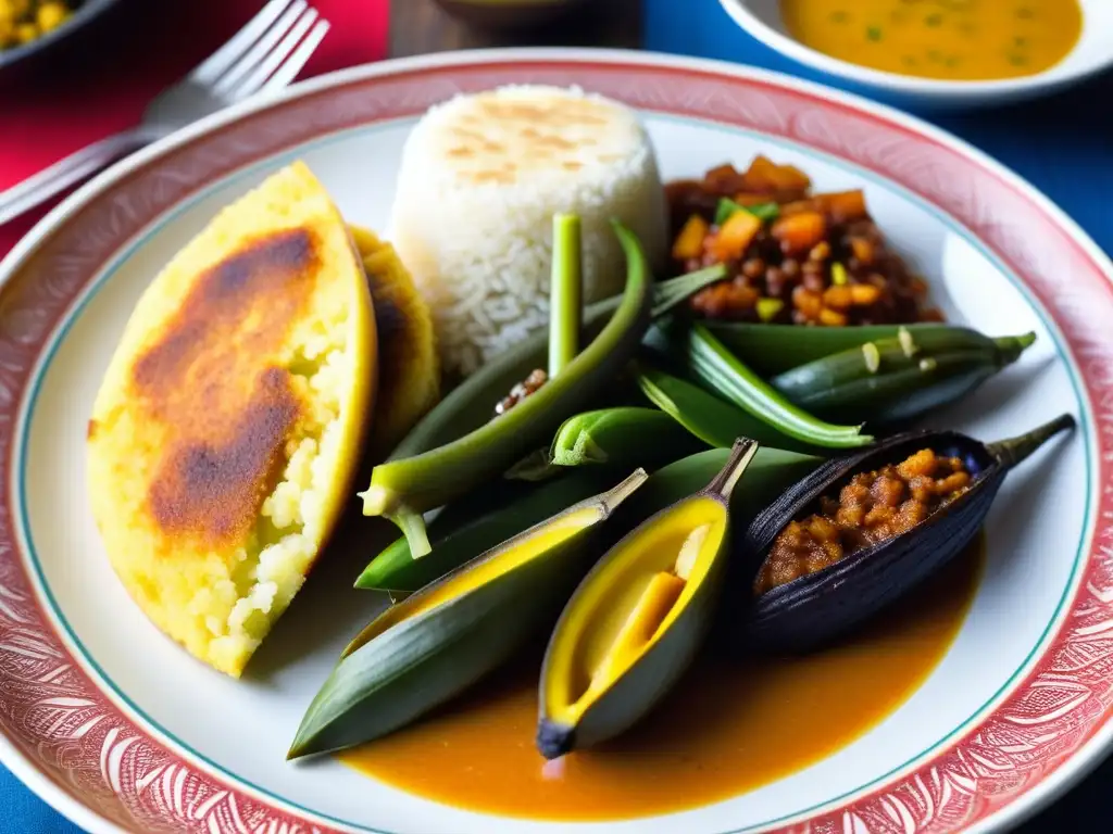 Un plato vibrante con una fusión de platos coloniales africanos y americanos, reflejando el impacto global de la comida