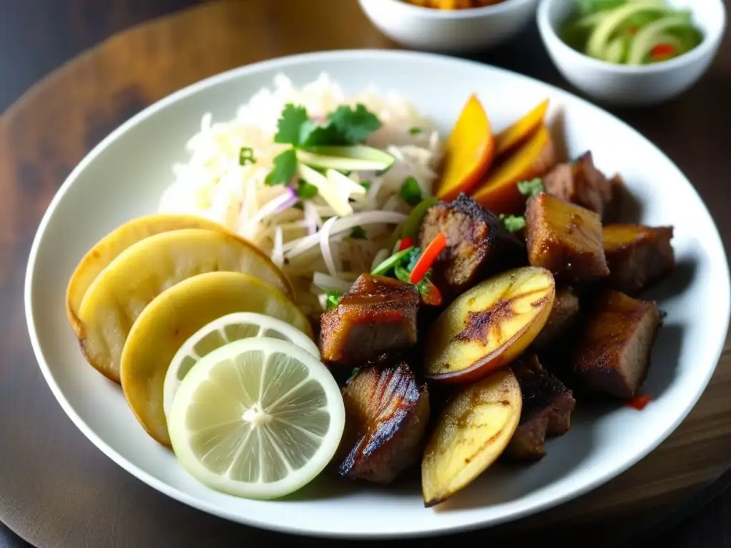 Deléitate con un plato vibrante de griot haitiano, pikliz y plátanos fritos