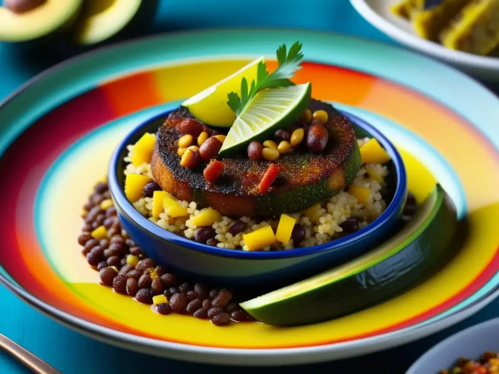 Un plato vibrante fusionando influencia gastronómica española en Sudamérica, con quinoa, chorizo, plátano y salsa de azafrán