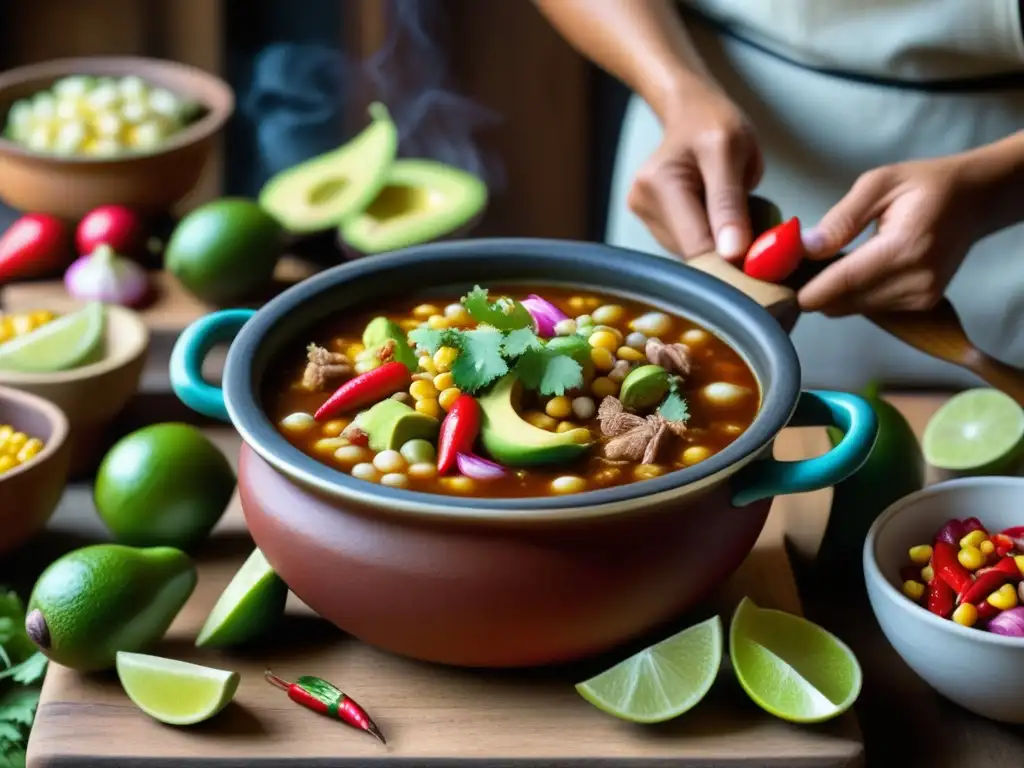 Platos históricos desafiantes colonizadores: Pozole Mesoamericano tradicional en cocina rústica