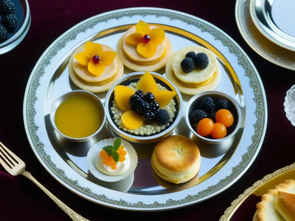 Platos lujosos de la corte rusa: blinis con caviar, codornices doradas, compotas de frutas y pasteles decorados